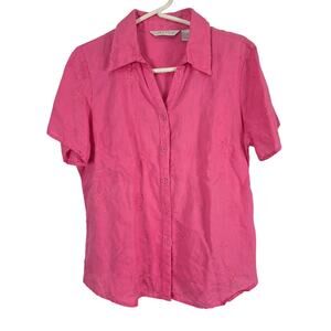 Tweeds Embroidered Linen Button Front Top L Womens Pink Coquette V Neck Floral